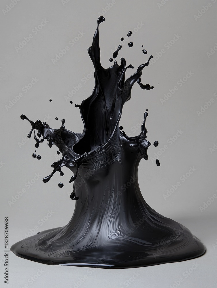 Poster 3d rendering of a black liquid splashing on a white background.