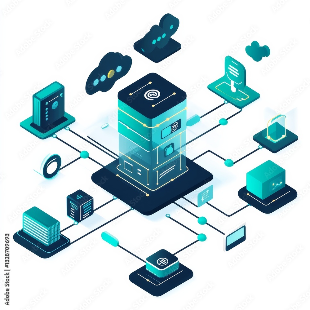 Poster data management innovations technology sector digital illustration virtual environment isometric vie