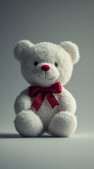 White teddy bear with a red bow sitting on a gray background. Soft lighting and focus on the texture of the fur.