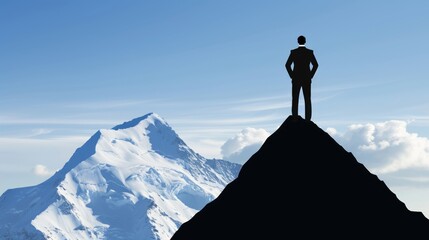 A businessman standing confidently at the peak of a mountain symbolizes leadership and success. Strong focus with minimal blur.