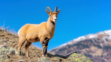 Obraz premium A young female ibex stands on a rocky mountainside against a backdrop of snow capped peaks under a clear blue sky. The animal's coat is light brown, and it looks directly at the camera.