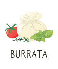 Burrata cheese with basil, tomato and thyme. Organic farm food. Design element, cartoon flat illustration for logo, poster, menu. Isolated on white background.