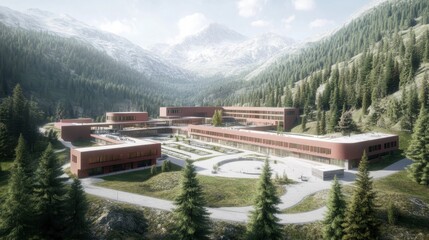 Naklejka premium A school surrounded by mountains, offering a scenic and peaceful learning environment