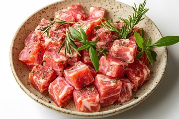 Fresh Marinated Pork Cubes with Herbs in Rustic Bowl for Culinary Inspiration