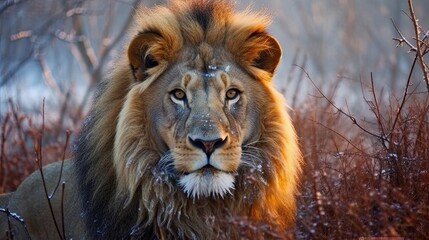 Obraz premium Majestic lion in winter landscape (1)
