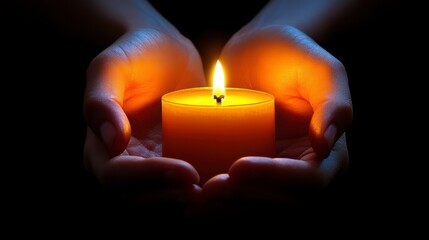 Close up view of two hands gently cradling a lit candle in a dark setting. The candle's warm glow illuminates the hands and a sprinkling of what seems to be fine sand or powder.