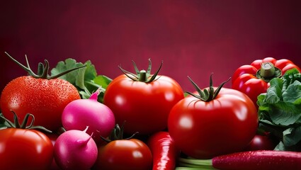 red vegetables - tomatoes, radishes, peppers, close-up, background with space for text, healthy eating