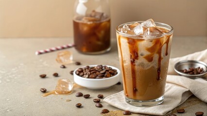Refreshing iced coffee with coffee beans and ice cubes