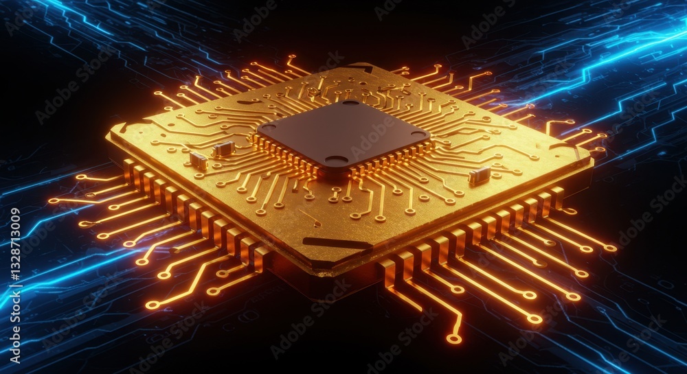 Poster closeup of a golden microchip circuit board with glowing orange and blue traces highlighting technol
