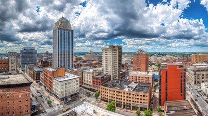 Fototapeta premium A wide-angle city skyline featuring iconic office buildings under a cloudy sky