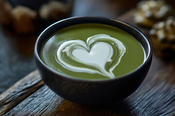 Heart shape formed with cream swirling gracefully in a bowl of vibrant green soup, artfully arranged on a rustic wooden table