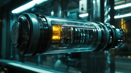 Fototapeta premium A futuristic cylindrical device floats in a sterile environment