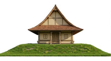 Fototapeta premium Small Traditional House with Tiled Roof Standing on Grassy Knoll