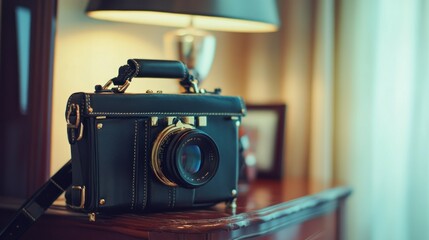 A decorative vintage camera rests on a wooden dresser top