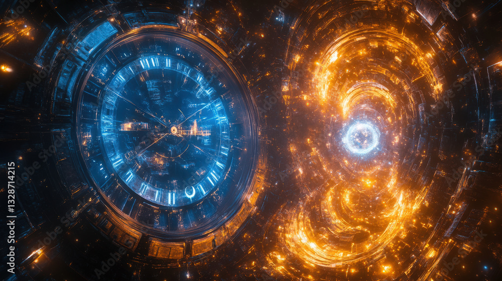 Aufkleber abstract time warp. abstract digital art features a clock face on one side contrasted by an explosio
