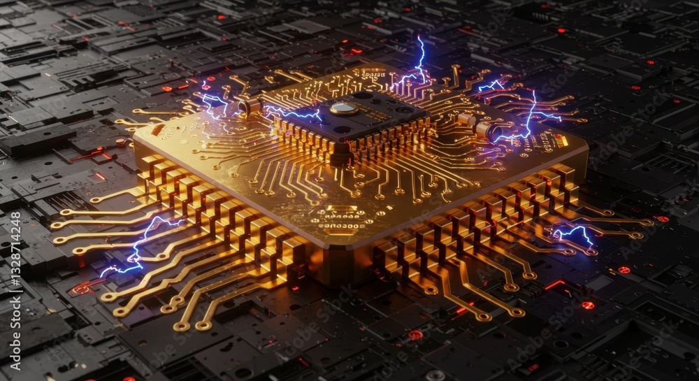 Poster high-tech gold microchip circuit board with energy sparks: advanced technology and innovation