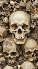 Obraz premium Close-up of a human skull amidst a pile of other skulls and bones, set against a backdrop of soil.