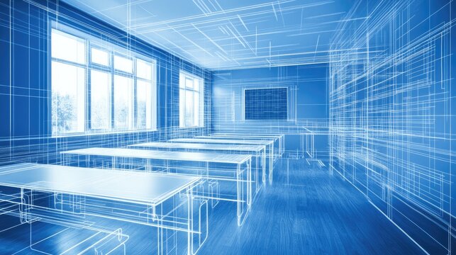 A blueprint of a modern digital classroom setup with interactive screens. No people.