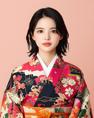 A young woman with dark hair in a vibrant kimono