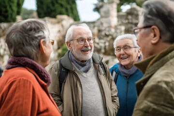 Smiling senior friends enjoying a guided tour in a park, sharing stories and laughter during a pleasant day together
