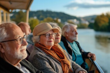 Group of senior tourists enjoying a leisurely river cruise on a bright, sunny day, soaking in the beautiful scenery and nature around them
