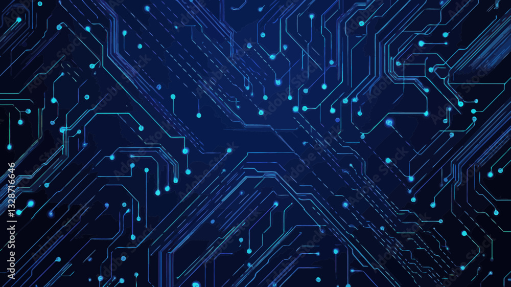Poster abstract blue circuit trace lines on dark tech background, minimalist vector illustration - chip and