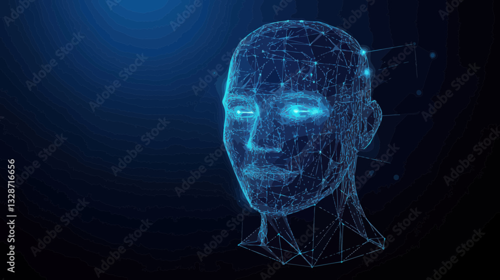 Poster futuristic 3d mesh wireframe face recognition low poly technology concept vector for smart identific