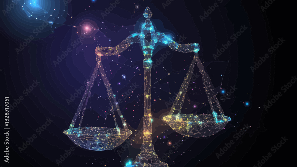 Poster celestial justice: abstract wireframe scales of starry sky with planets and stars in space - minimal