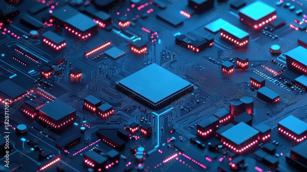 Poster intricate computer circuitry, a symphony of red and blue lights in action illuminated