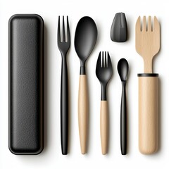 Black and Wooden Portable Cutlery Set with Carrying Case