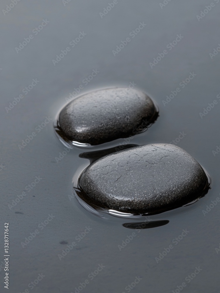 Poster two black pebbles floating in a puddle of water. the pebble on the left is slightly larger than the 