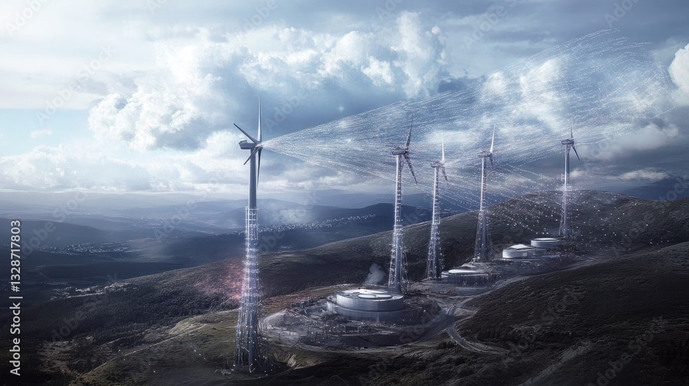 Poster a conceptual futuristic wind farm with ai-controlled turbines and a digital data stream representing