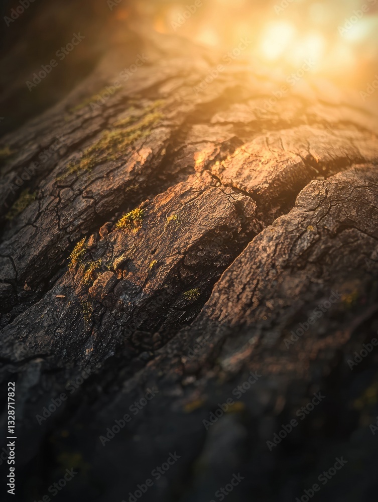Poster close-up of a tree trunk with a rough, textured surface. the bark of the tree is dark and weathered,