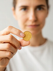 Woman Holding Gold Coin with Focused Expression in Minimalist Setting