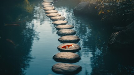 Stone pathway across water with fish and natural surrounding vegetation
