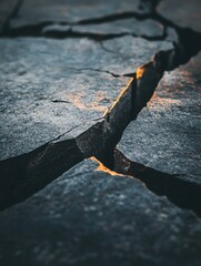 Fototapeta premium Close-up of a crack in a concrete surface. the crack appears to be deep and wide, with a jagged edge. the cracks are jagged and uneven, with some areas appearing darker and others lighter.