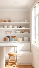 Light kitchen interior with countertop and seats, shelves and kitchenware, window