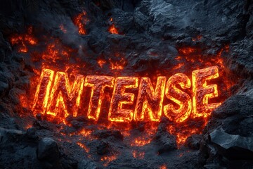 Intense Lava Flow with Fiery Lettering in Volcanic Landscape and Dark Ash Background