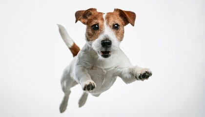 Animal concept A playful dog jumping joyfully in mid-air, showcasing its energetic personality.