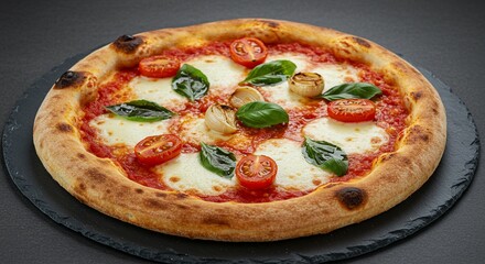 Delicious and fresh Pizza Margherita Mushrooms with prosciutto, and cheese background 