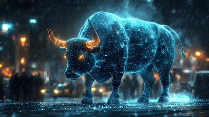 Mystical Bull: A surreal, neon-infused bull stands defiantly amidst a rain-soaked cityscape, its glowing features hinting at power and resilience.