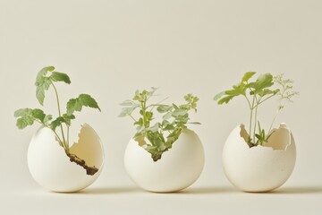 Tiny Sprouting Plants Emerging From Cracked Eggshells Create a Unique Garden Display in a Minimalist Setting
