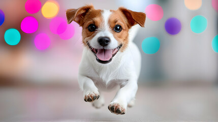 Happy Jack Russell Terrier Puppy Running Towards Camera With Colorful Bokeh Background