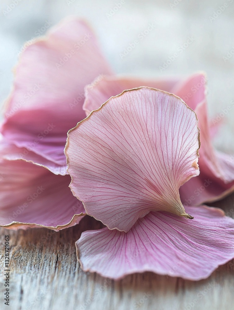 Poster close-up of two pink flower petals on a wooden surface. the petals are arranged in a way that they a
