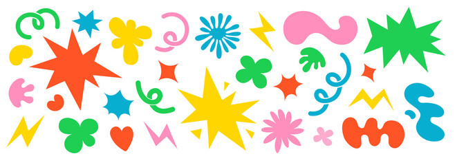 Abstract clouds and flowers shapes icons set. Groovy funky flowers, bubbles, stars, loops and waves in trendy retro cartoon style. Illustration with wavy elements