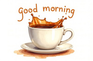 Obraz premium The inscription Good Morning above a coffee cup. Coffee splash. Energy, wakefulness, and the joy of starting the day.