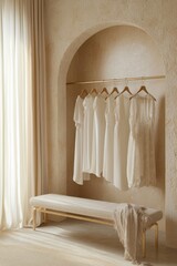 An elegant display of white dresses hangs gracefully, showcasing a chic and soft fashion aesthetic in a warm setting.