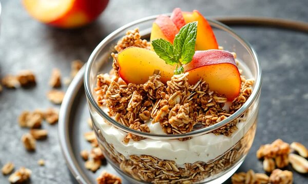 Delicious layered yogurt parfait with granola and fresh peach slices, set on a dark textured background