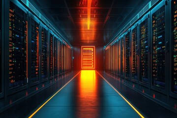 Futuristic Server Room with Neon Lights and Glowing Doorway in a Data Center Environment