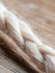 Fototapeta premium Close-up of a piece of white yarn on a wooden surface. the yarn appears to be soft and fluffy, with a braided texture.